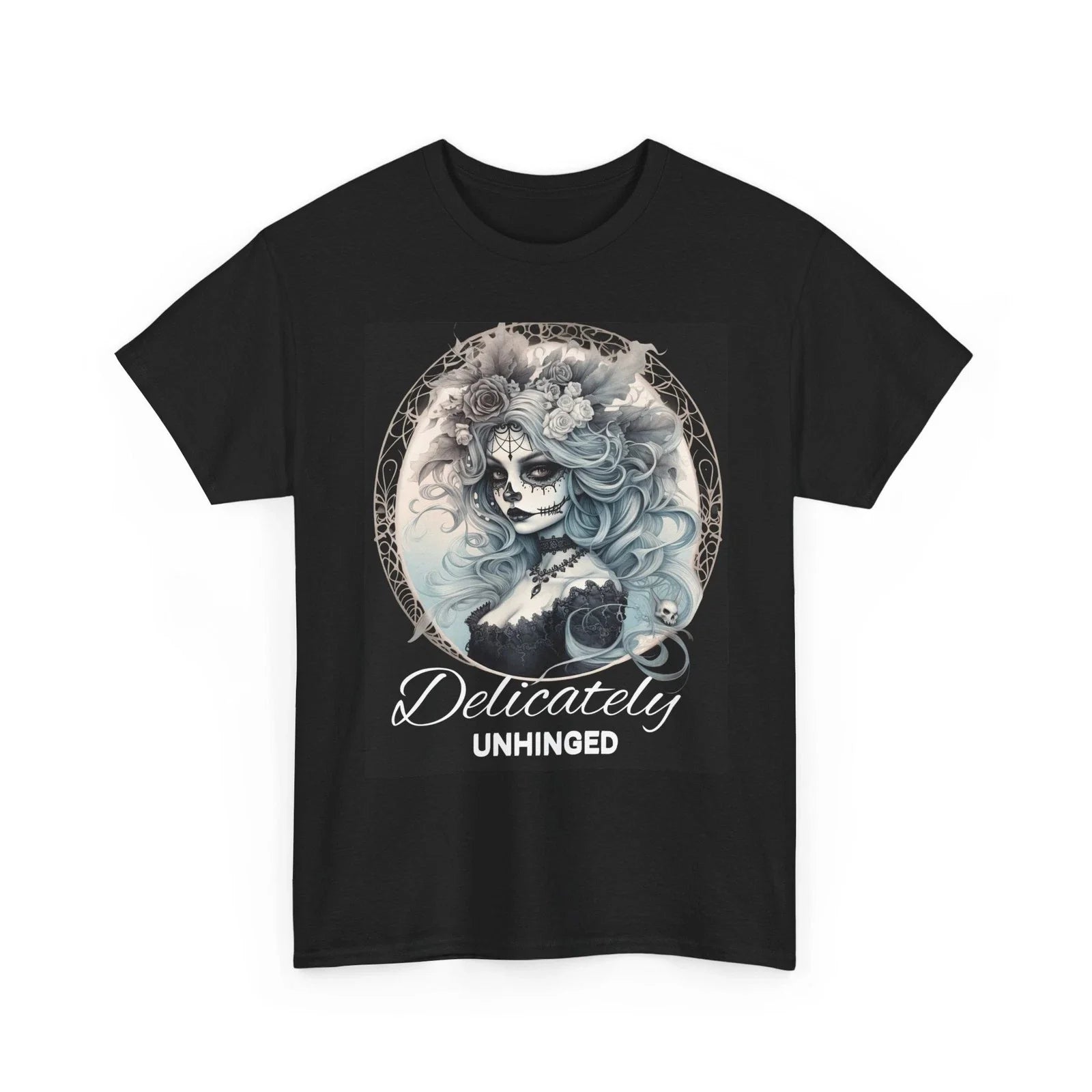 Delicately Unhinged Gothic Gray Design on Black - Adult & Kids T-Shirts, Sweatshirts & Hoodies apparel design preview 1
