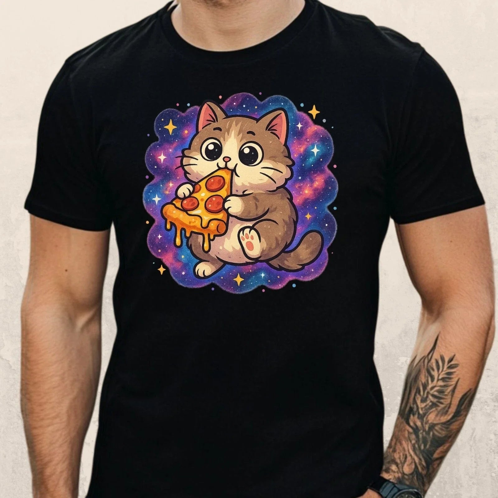 Cat Eats Pizza In Space Theme Cotton Mens Size XS to - Adult & Kids T-Shirts, Sweatshirts & Hoodies apparel design preview 1