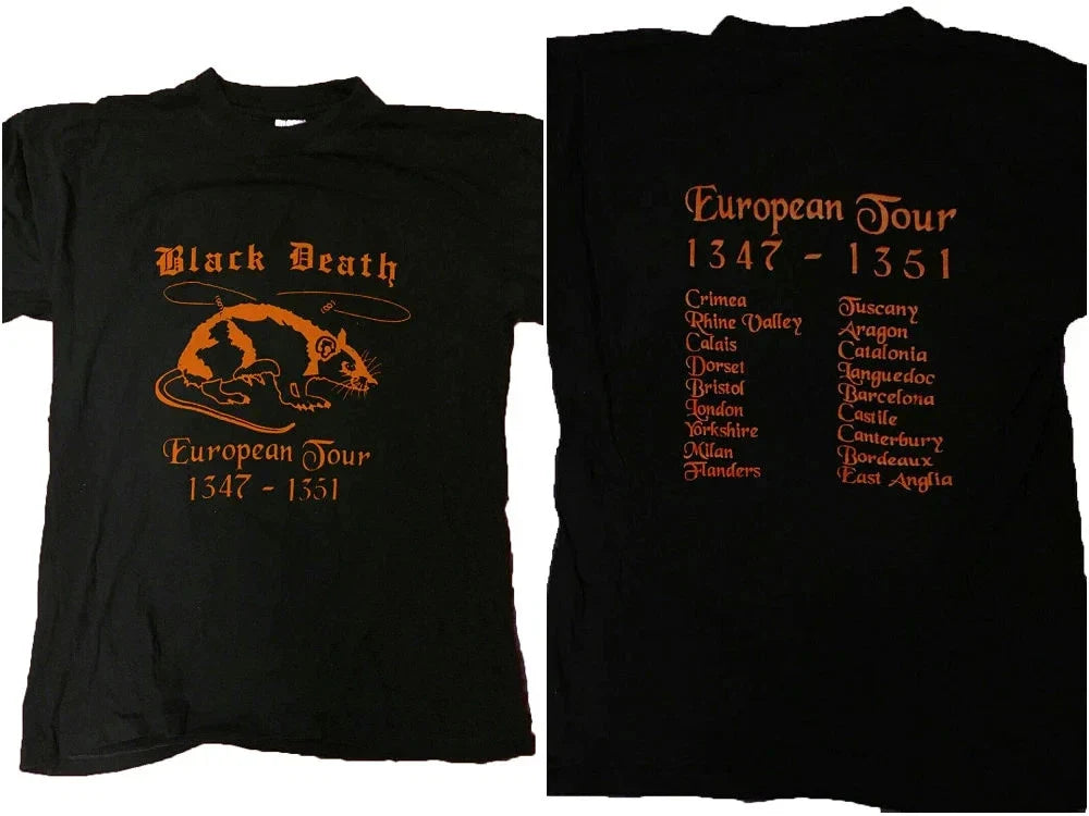 BLACK~DEATH EUROPEAN TOUR 1347-1351 VINTAGE 80'S 1980 - Adult & Kids T-Shirts, Sweatshirts & Hoodies apparel design preview 1