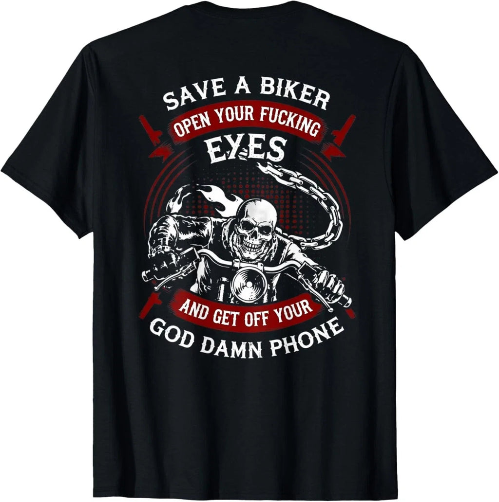 Save A Biker Open Your Eyes Get Off Phone Skull - Adult & Kids T-Shirts, Sweatshirts & Hoodies apparel design preview 1