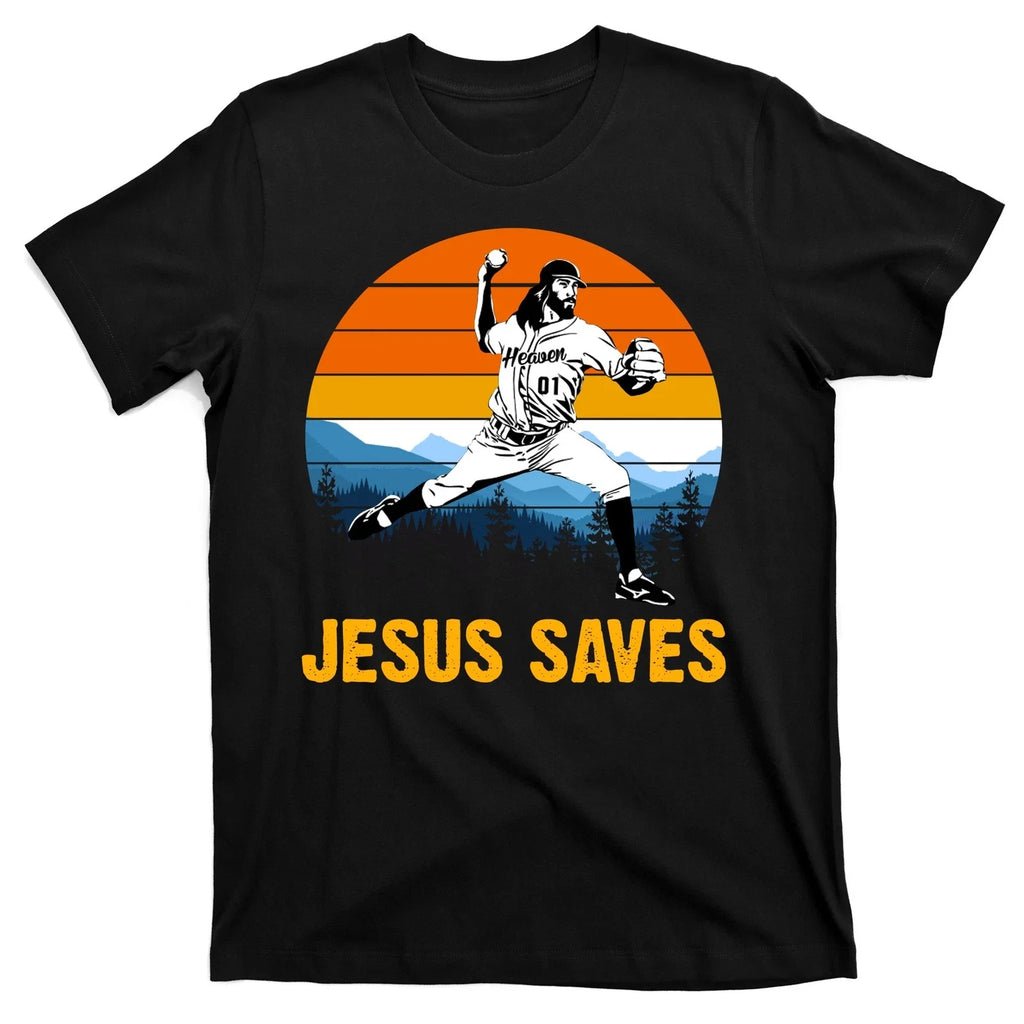 Jesus Saves Retro Baseball Pitcher - Adult & Kids T-Shirts, Sweatshirts & Hoodies apparel design preview 1
