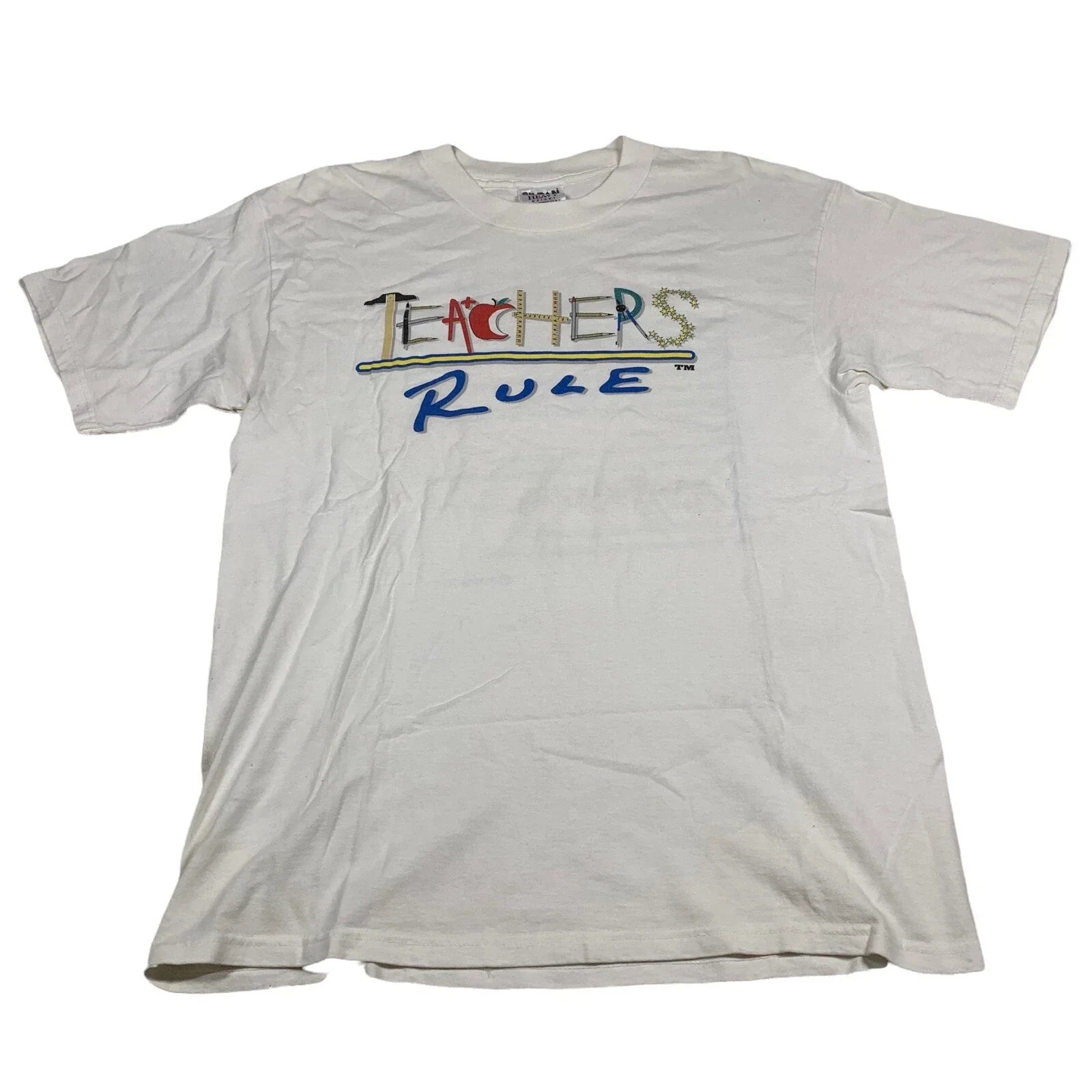 Vintage 90's Teachers Rule White Sz L Funny Joke - Adult & Kids T-Shirts, Sweatshirts & Hoodies apparel design preview 1