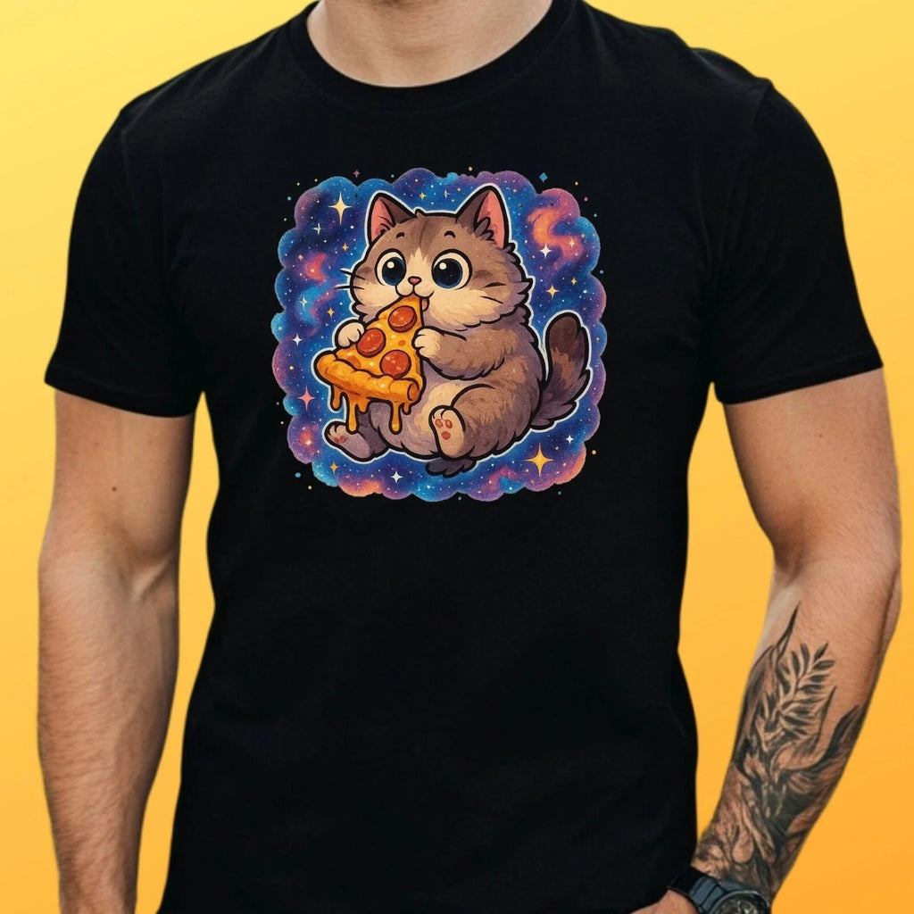 Cat Eating Pizza In Space Theme Cotton Mens Size XS - Adult & Kids T-Shirts, Sweatshirts & Hoodies apparel design preview 1
