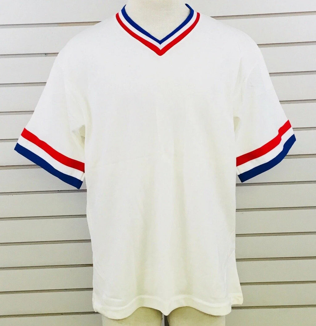 Vtg Mens L Sanjian V-Neck White Red Blue Polyester - Adult & Kids T-Shirts, Sweatshirts & Hoodies apparel design preview 1