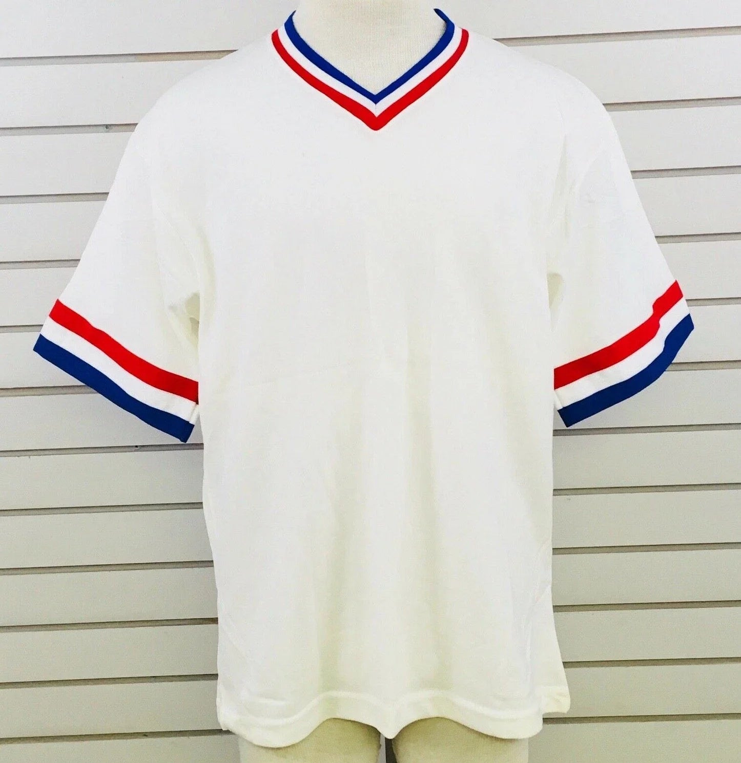 Vtg Mens L Sanjian V-Neck White Red Blue Polyester - Adult & Kids T-Shirts, Sweatshirts & Hoodies apparel design preview 1