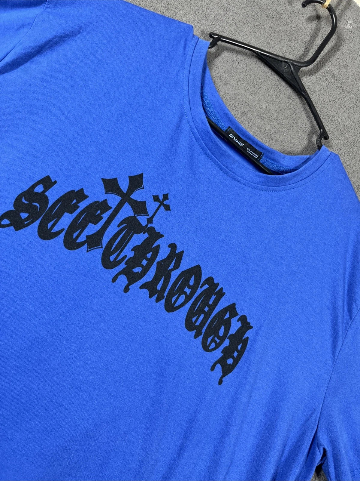 ROMWE Mens XXL 2XL Blue Cross Graphic Gothic Y2K See - Adult & Kids T-Shirts, Sweatshirts & Hoodies apparel design preview 1