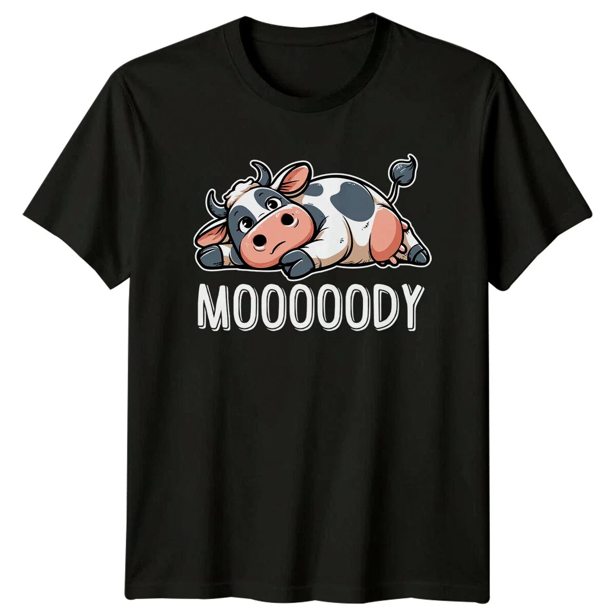 Mooody Cow Funny Animal Pun Lazy Cartoon Graphic - Adult & Kids T-Shirts, Sweatshirts & Hoodies apparel design preview 1