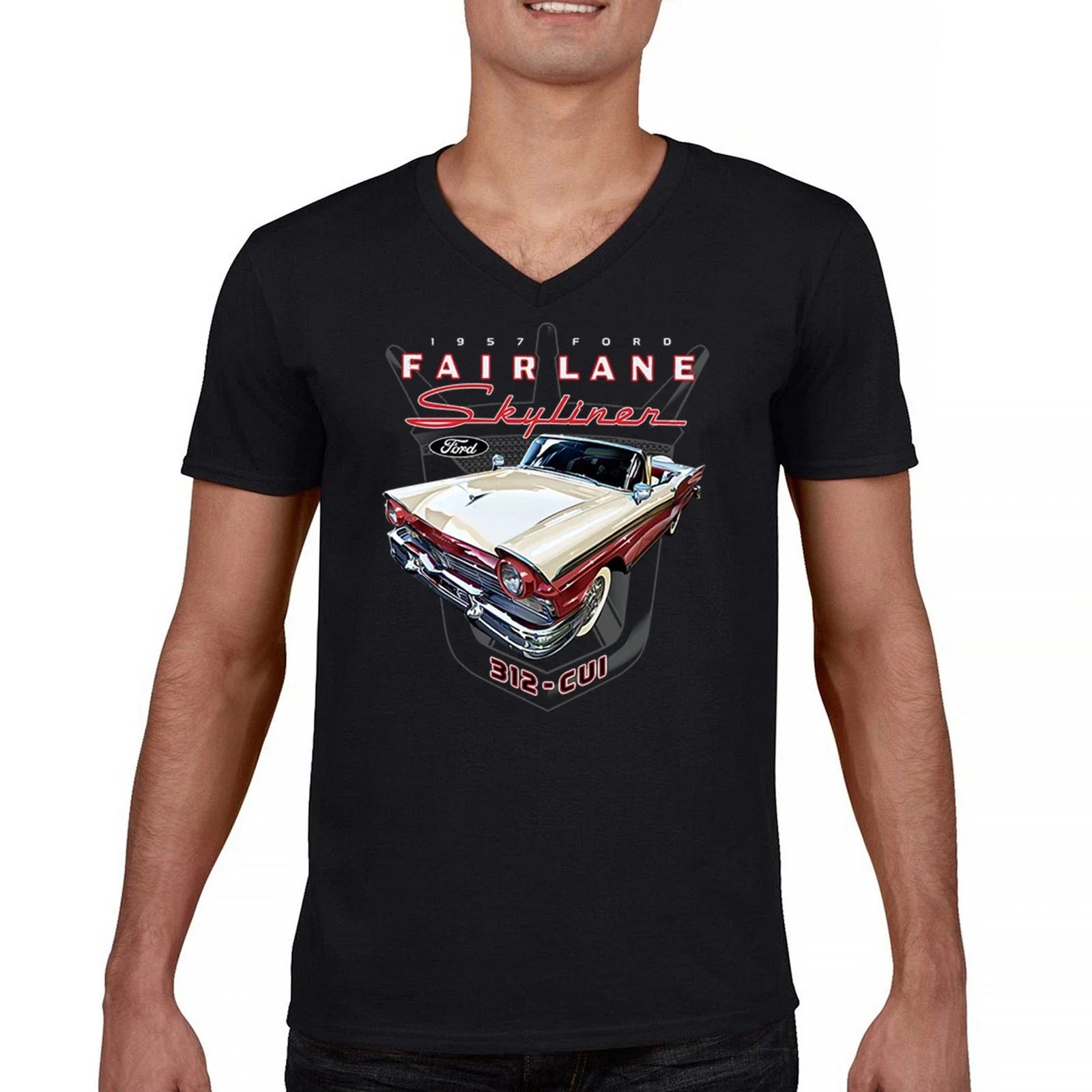 Ford Fairlane Skyliner Crest V-Neck 1957 Vintage - Adult & Kids T-Shirts, Sweatshirts & Hoodies apparel design preview 1