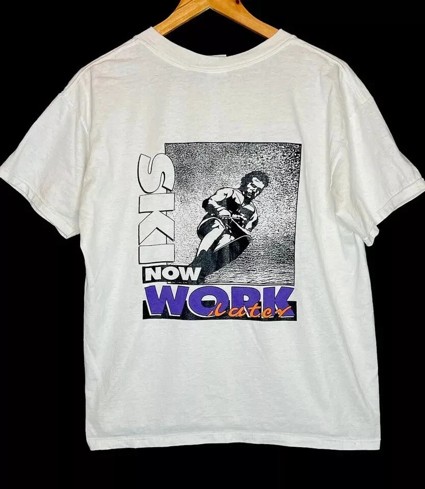 Vintage 90s Masterline Water Ski Now Work Later - Adult & Kids T-Shirts, Sweatshirts & Hoodies apparel design preview 1
