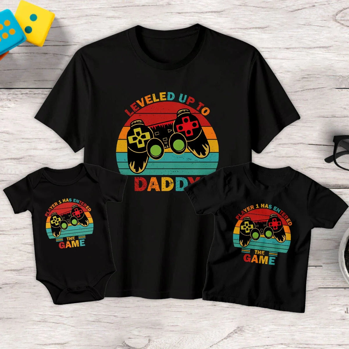 Leveled Up To Daddy Mens Kids Funny Fathers Day Baby - Adult & Kids T-Shirts, Sweatshirts & Hoodies apparel design preview 1