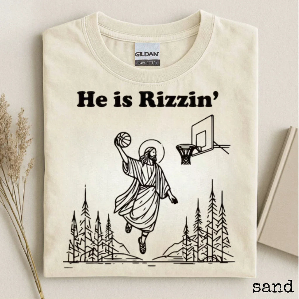 He is Rizzin Christian Funny Jesus Playing Basketball - Adult & Kids T-Shirts, Sweatshirts & Hoodies apparel design preview 1