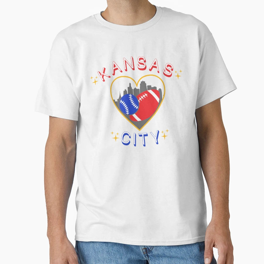 Kansas City Baseball Football Heart T-Shirt - Novelty Apparel for Adults - T-Shirt, Sweatshirt, Hoodie