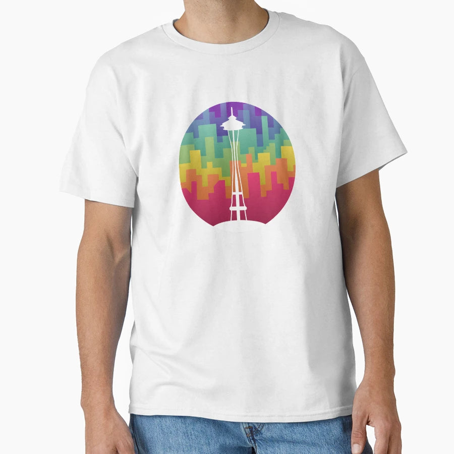 Space Needle Front Colorful City T-Shirt - Aesthetic Graphic for Adults - T-Shirt, Sweatshirt, Hoodie