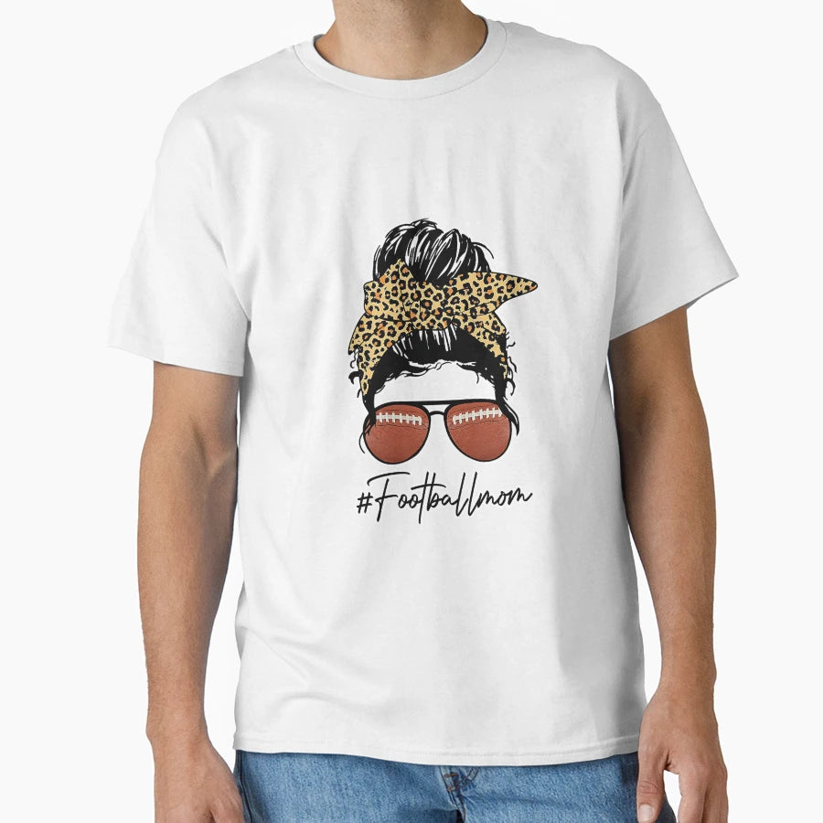Football Mom Leopard Messy Bun T-Shirt - Minimalist Print Unisex - T-Shirt, Sweatshirt, Hoodie