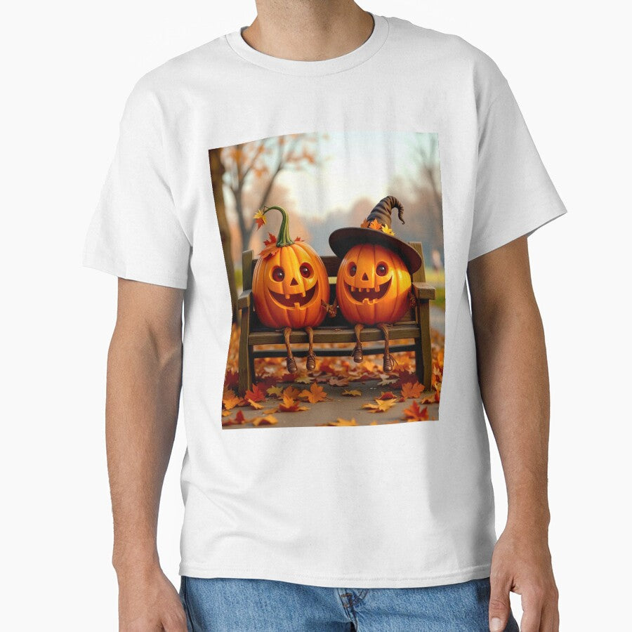 Happy Halloween Pumpkins on Bench by MariaTheExpert - Adult & Kids T-Shirts, Sweatshirts & Hoodies apparel design preview 1