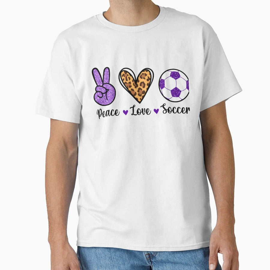 Purple Peace Love And Soccer T-Shirt - Unique Graphic for Adults - T-Shirt, Sweatshirt, Hoodie