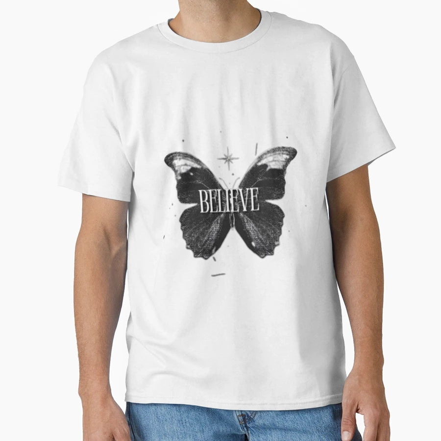 Believe Text Black Butterfly T-Shirt - Aesthetic Graphic Unisex - T-Shirt, Sweatshirt, Hoodie