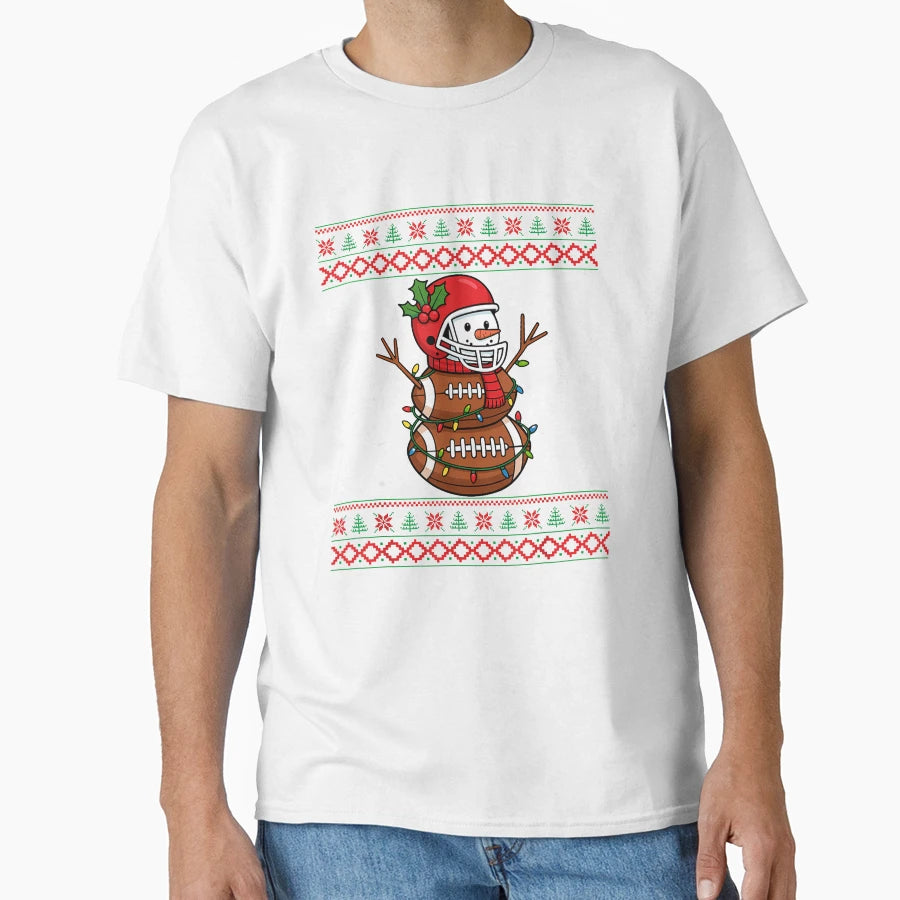 Merry Football Snowman Holiday Ugly T-Shirt - Custom Art Print for Adults - T-Shirt, Sweatshirt, Hoodie