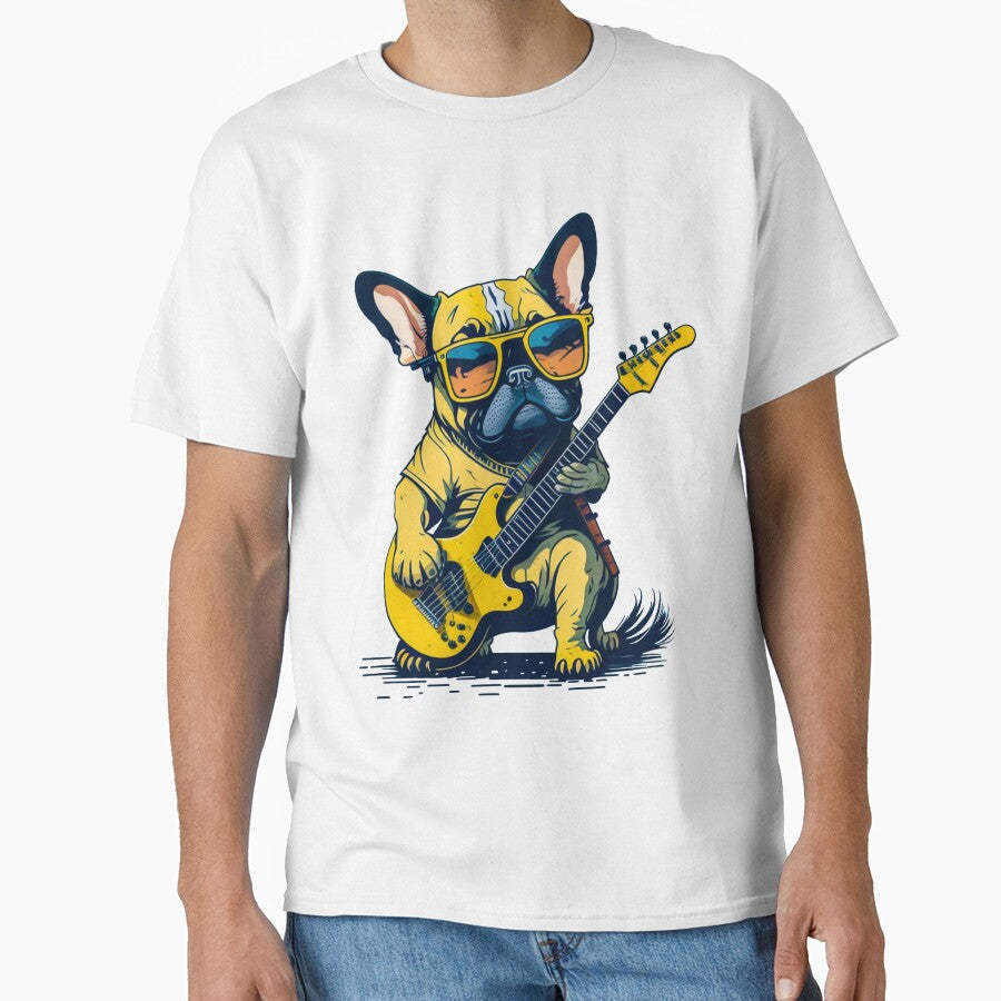 French Bulldog Dog playing electric guitar wearing a - Adult & Kids T-Shirts, Sweatshirts & Hoodies apparel design preview 1