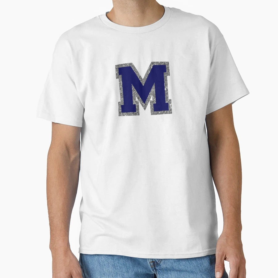 Silver And Navy Varsity Letter M T-Shirt - Aesthetic Graphic Unisex - T-Shirt, Sweatshirt, Hoodie