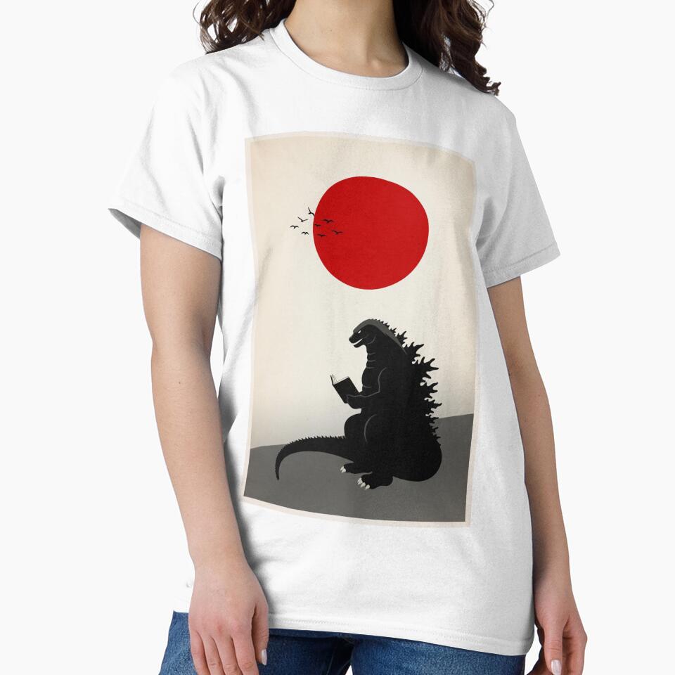 Godzilla Reading Book Japanese Flag Minimalist - Adult & Kids T-Shirts, Sweatshirts & Hoodies apparel design preview 2
