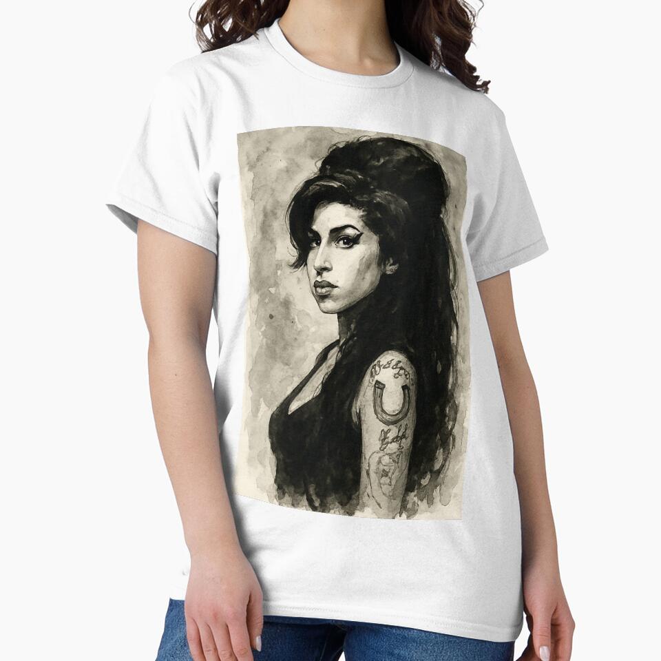 Amy Winehouse Portrait Art Black Ink Watercolour - Adult & Kids T-Shirts, Sweatshirts & Hoodies apparel design preview 2