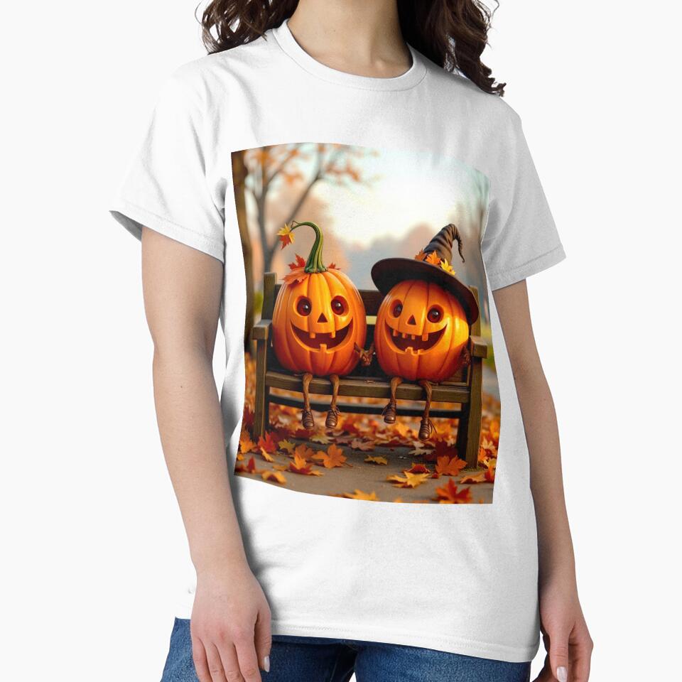 Happy Halloween Pumpkins on Bench by MariaTheExpert - Adult & Kids T-Shirts, Sweatshirts & Hoodies apparel design preview 2