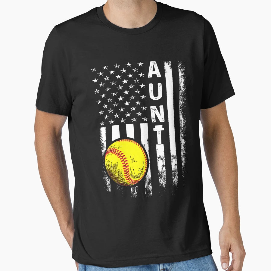 Softball Aunt American Flag T-Shirt - Minimalist Print Men Women - T-Shirt, Sweatshirt, Hoodie