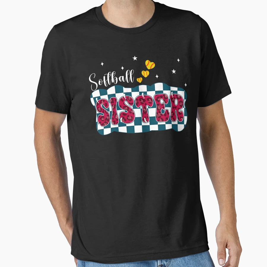Softball Sister Checkered Leopard T-Shirt - Unique Graphic Unisex - T-Shirt, Sweatshirt, Hoodie