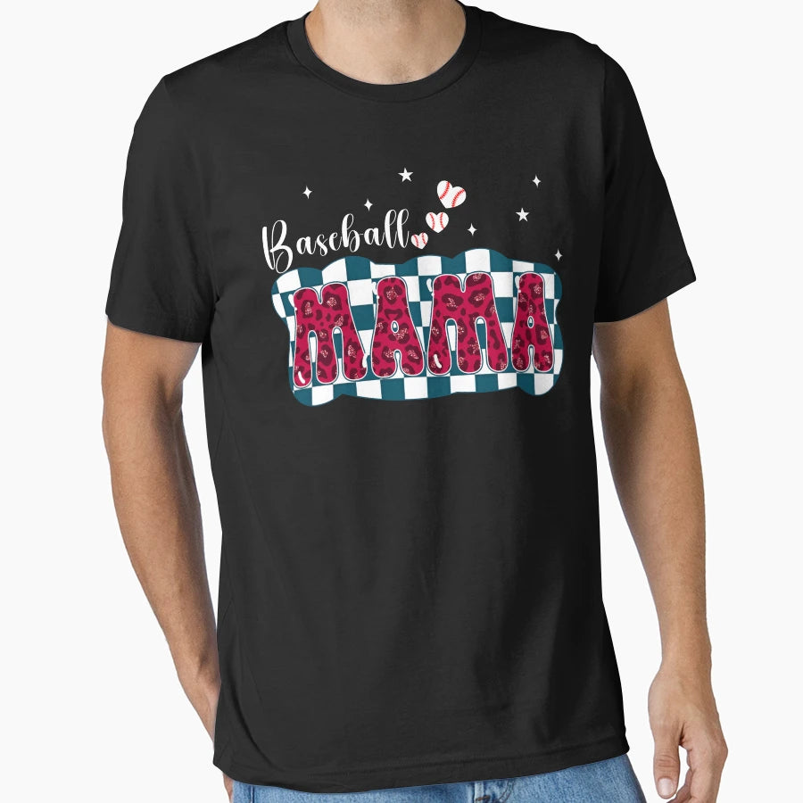 Baseball Mama Leopard Checkered T-Shirt - Graphic Print Unisex - T-Shirt, Sweatshirt, Hoodie