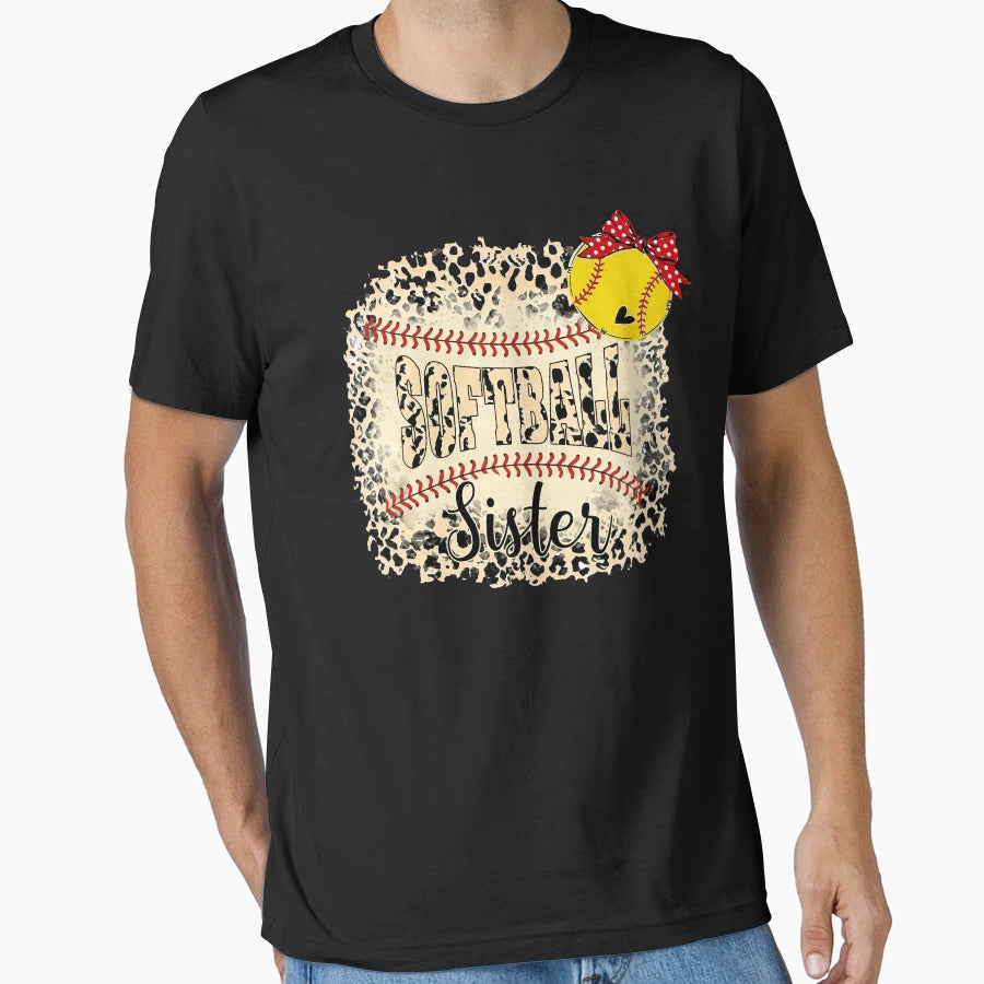 Leopard Softball Sister Bow T-Shirt - Unique Graphic for Adults - T-Shirt, Sweatshirt, Hoodie