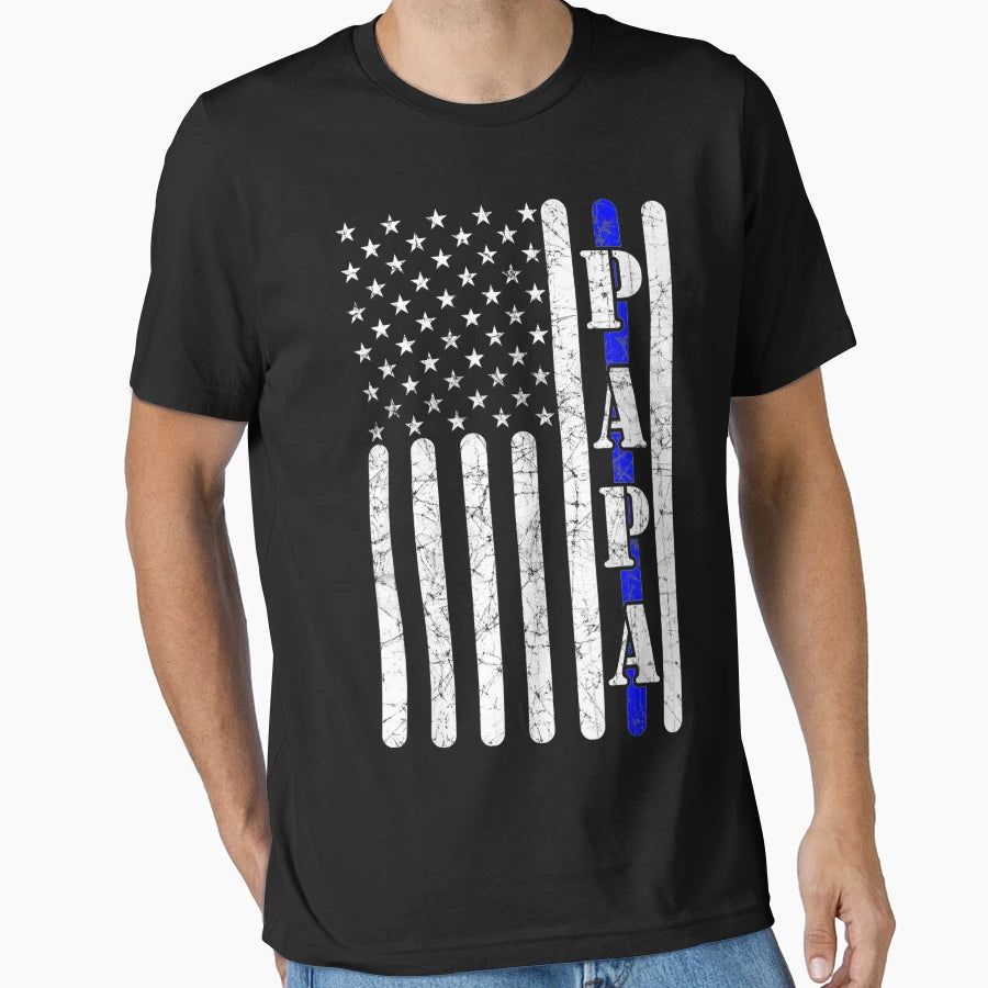 Thin Blue Line Papa Police American T-Shirt - Trendy Graphic for Adults - T-Shirt, Sweatshirt, Hoodie