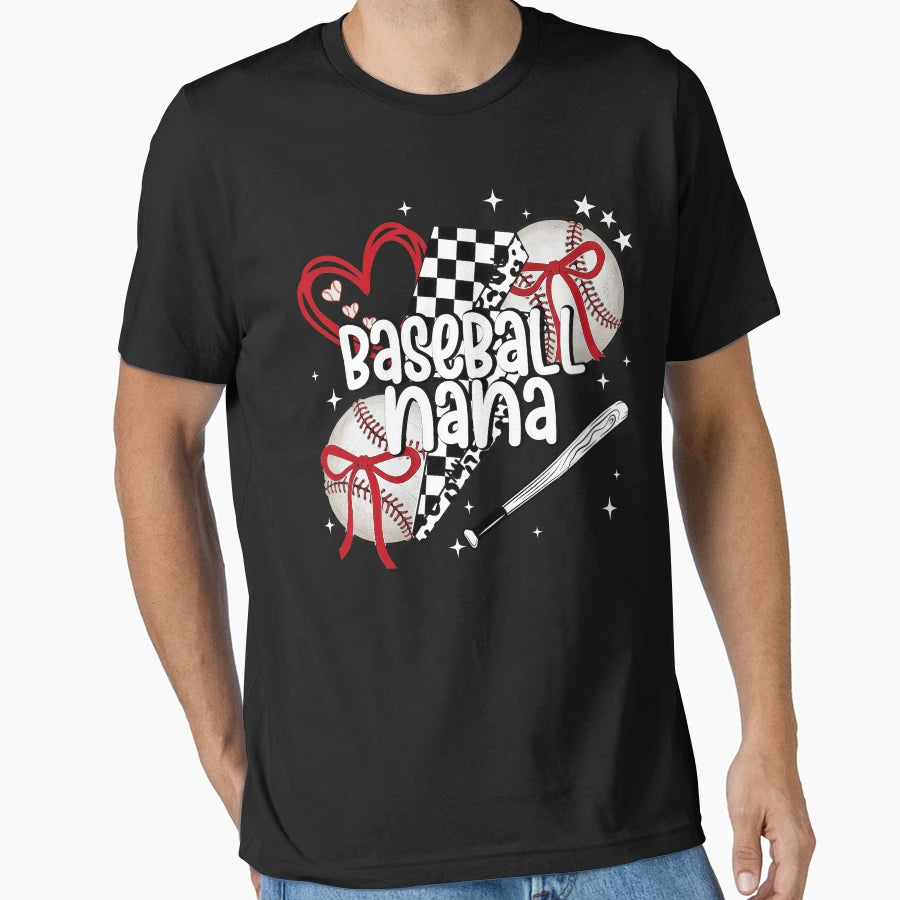 Baseball Nana Bow Checkerboard Heart T-Shirt - Casual Everyday Wear Unisex - T-Shirt, Sweatshirt, Hoodie