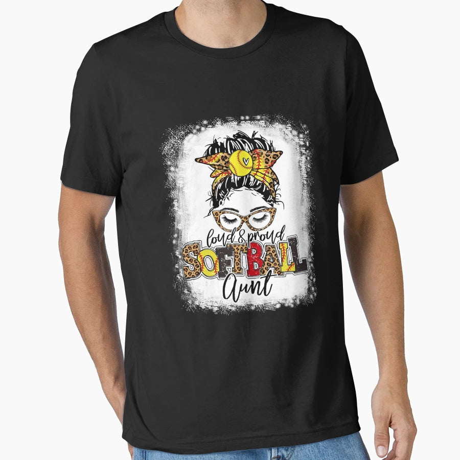 Loud Proud Softball Aunt Messy Bun T-Shirt - Novelty Apparel for Adults - T-Shirt, Sweatshirt, Hoodie
