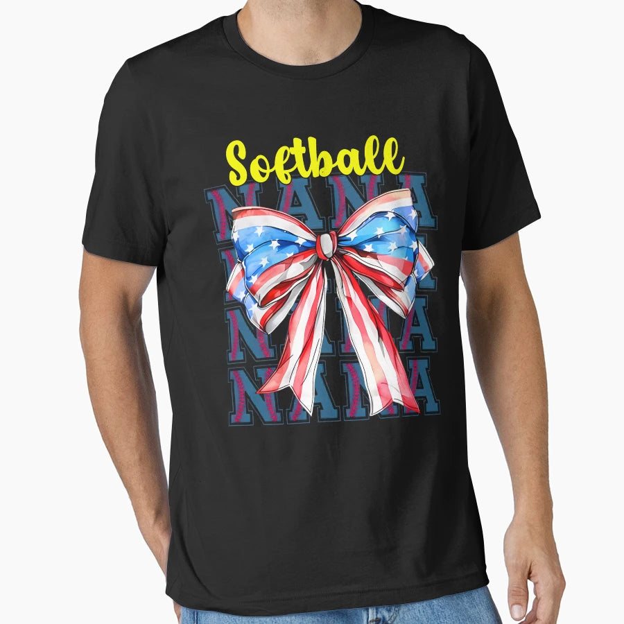 Patriotic Softball Nana Bow T-Shirt - Graphic Print Men Women - T-Shirt, Sweatshirt, Hoodie