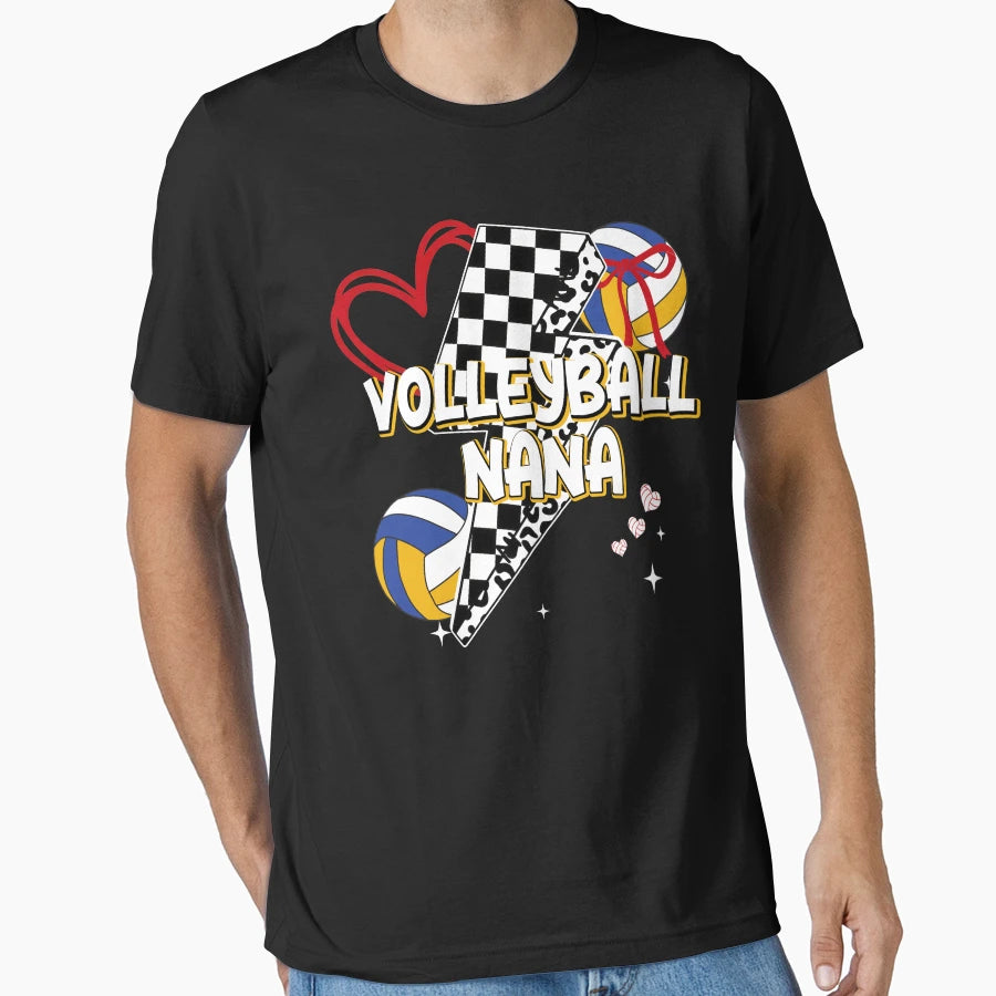 Volleyball Nana Heart Bow Checkered T-Shirt - Fun Novelty Design for Adults - T-Shirt, Sweatshirt, Hoodie