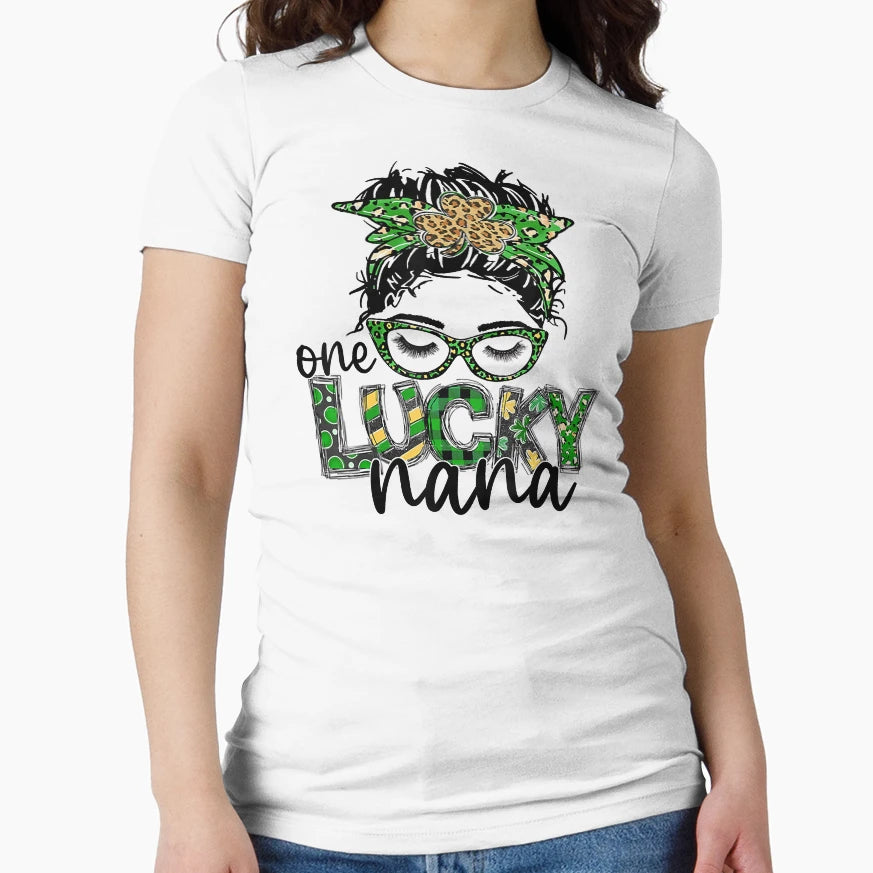 One Lucky Nana Messy Bun Leopard St T-Shirt - Minimalist Print Unisex - T-Shirt, Sweatshirt, Hoodie