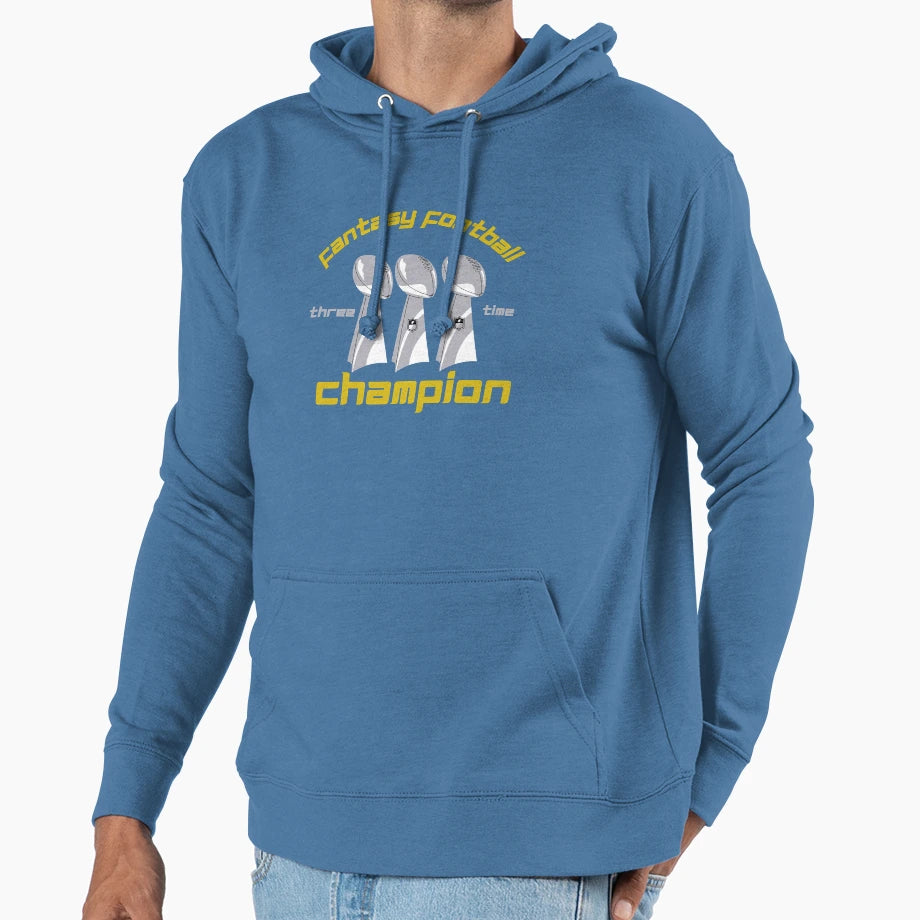 Fantasy Football Three Time Champion Hoodie - Fun Novelty Design Men Women - T-Shirt, Sweatshirt, Hoodie