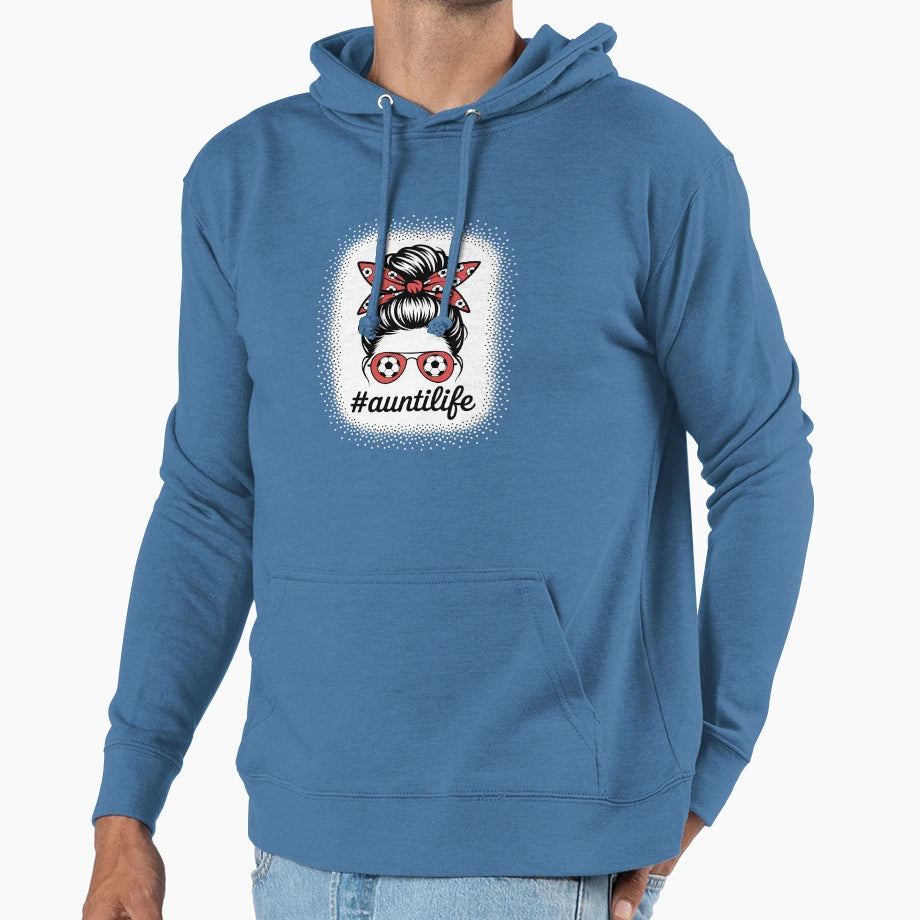 Aunt Life Soccer Messy Bun Bleached Hoodie - Aesthetic Graphic Men Women - T-Shirt, Sweatshirt, Hoodie