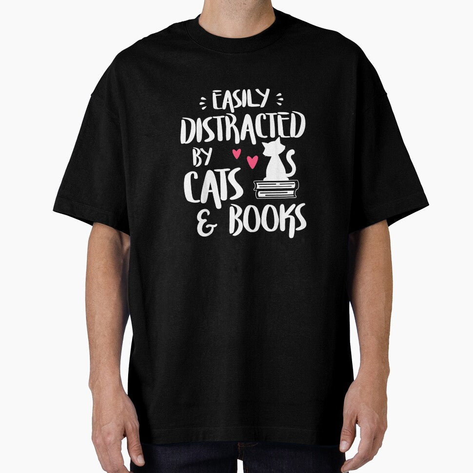 Easily Distracted by Cats and Books Cat Book - Adult & Kids T-Shirts, Sweatshirts & Hoodies apparel design preview 1