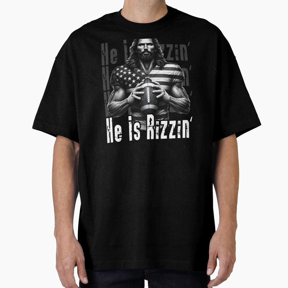 He Is Rizzin Jesus Playing Football Funny T-Shirt - Graphic Print Unisex - T-Shirt, Sweatshirt, Hoodie