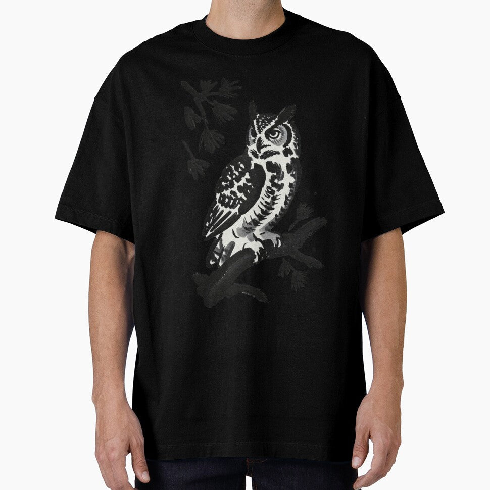A black ink brush sumi-e painting of great horned owl - Adult & Kids T-Shirts, Sweatshirts & Hoodies apparel design preview 1