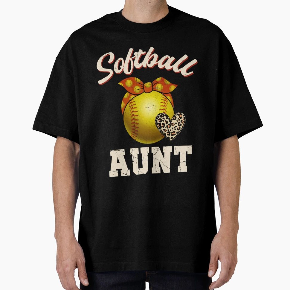 Softball Aunt Leopard Heart Softball T-Shirt - Trendy Graphic Unisex - T-Shirt, Sweatshirt, Hoodie