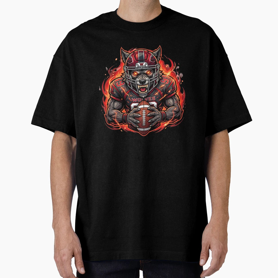 Aggressive Wolf Football Mascot T-Shirt - Novelty Apparel for Adults - T-Shirt, Sweatshirt, Hoodie
