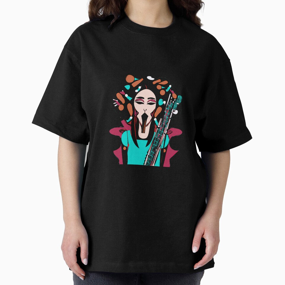 "Colorful Groove: A Guitar-Strumming Woman" by - Adult & Kids T-Shirts, Sweatshirts & Hoodies apparel design preview 2