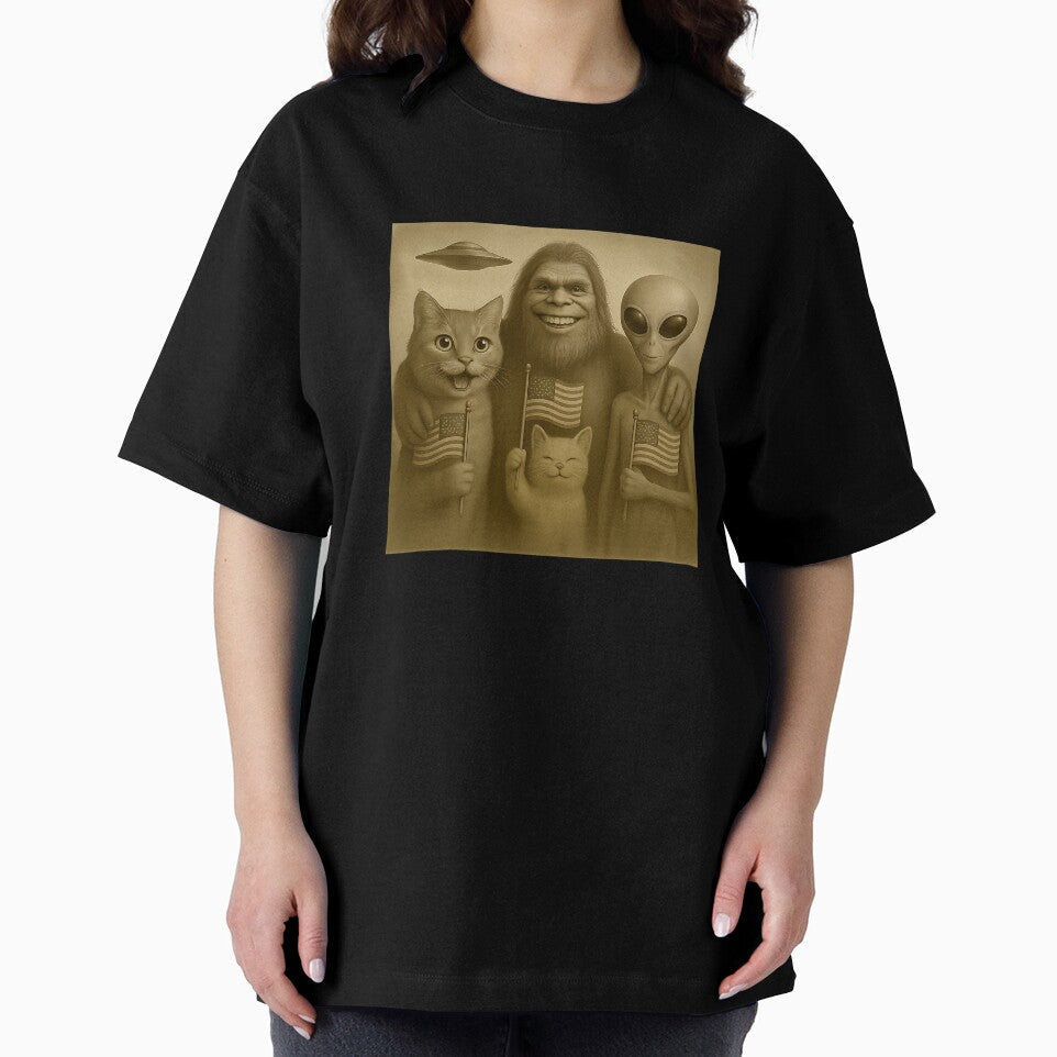 Funny 4th of july Cat Selfie Bigfoot Alien UFO - Adult & Kids T-Shirts, Sweatshirts & Hoodies apparel design preview 2