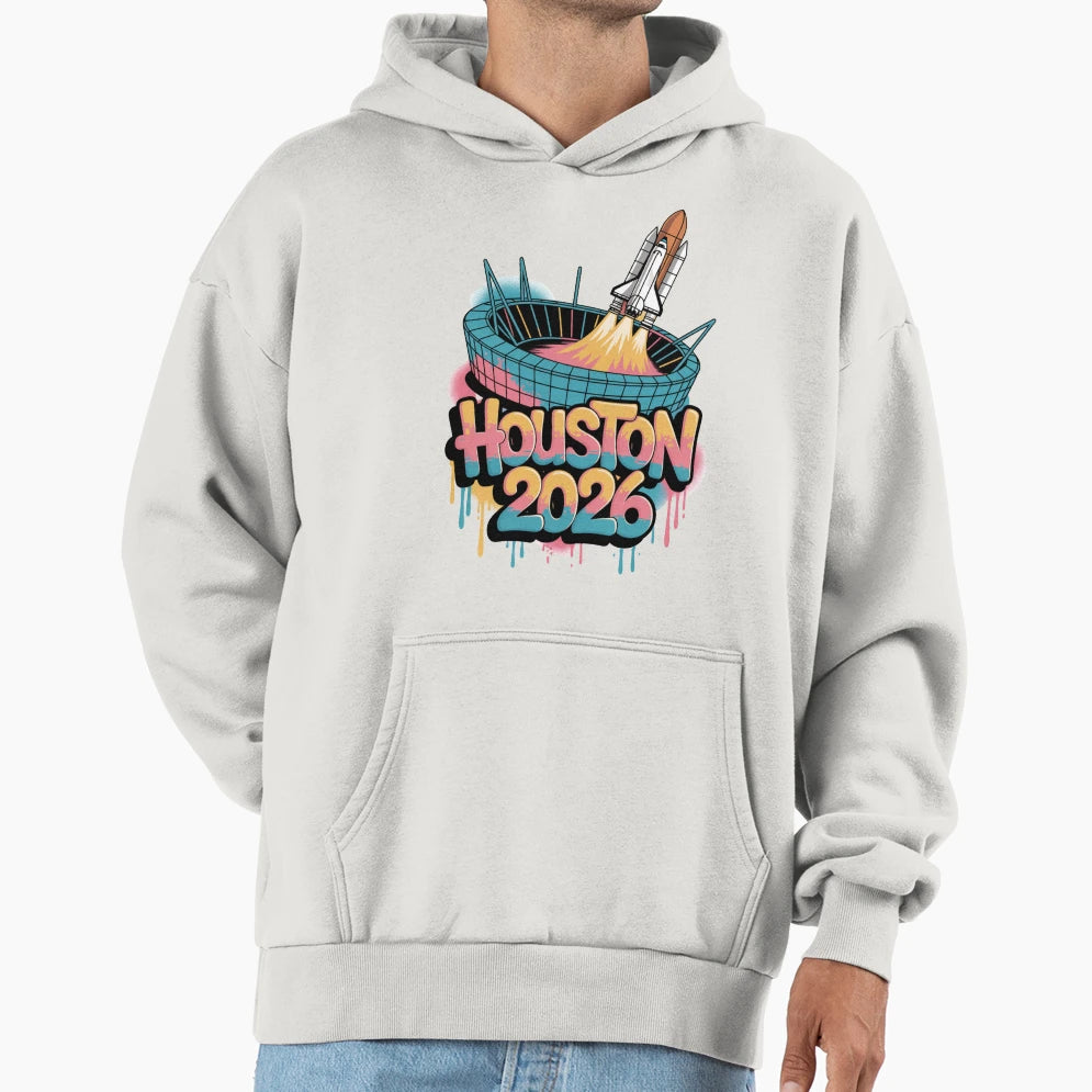 Houston 2026 Space Shuttle Football V4 T-Shirt - Trendy Graphic for Adults - T-Shirt, Sweatshirt, Hoodie