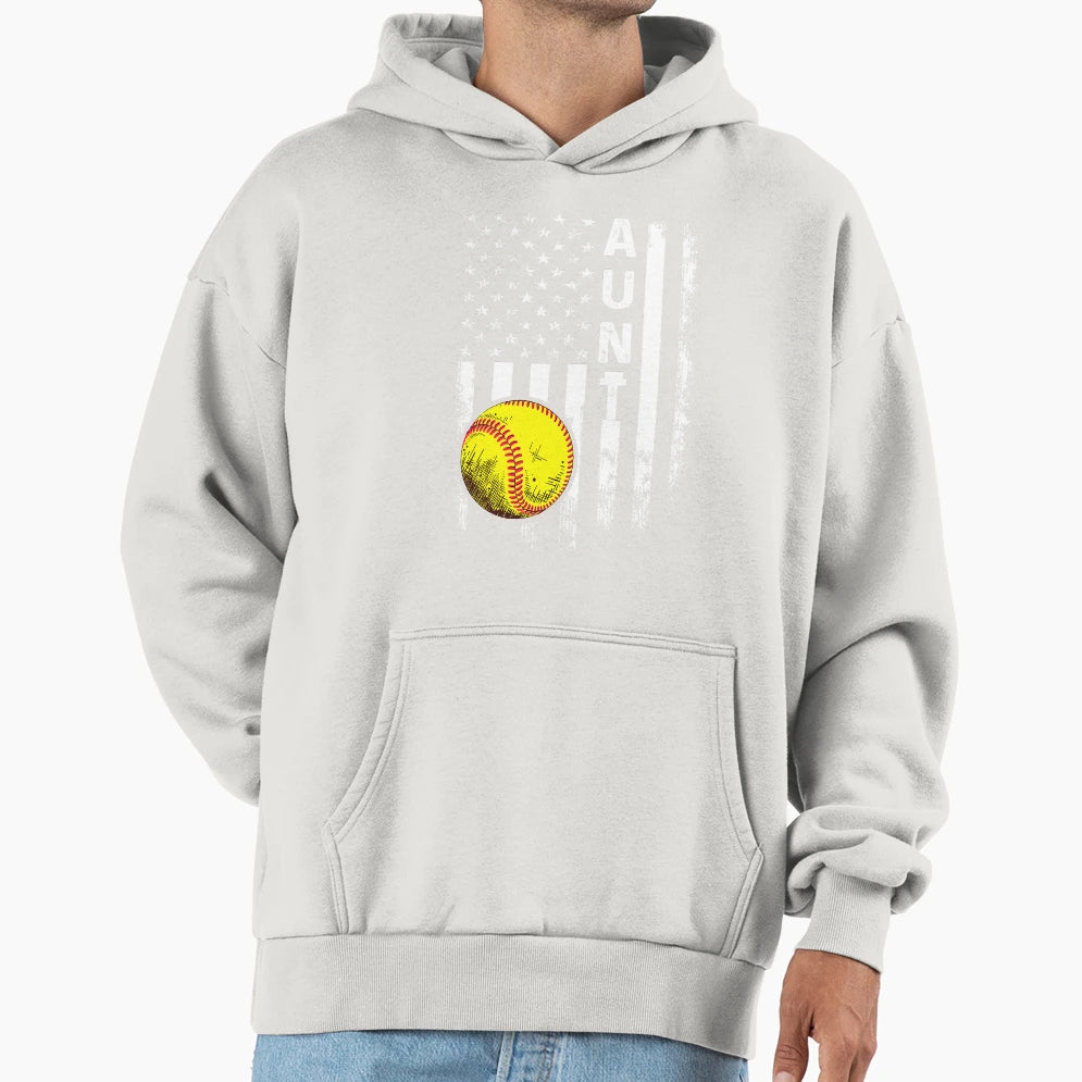 Softball Aunt American Flag Hoodie - Minimalist Print for Adults - T-Shirt, Sweatshirt, Hoodie