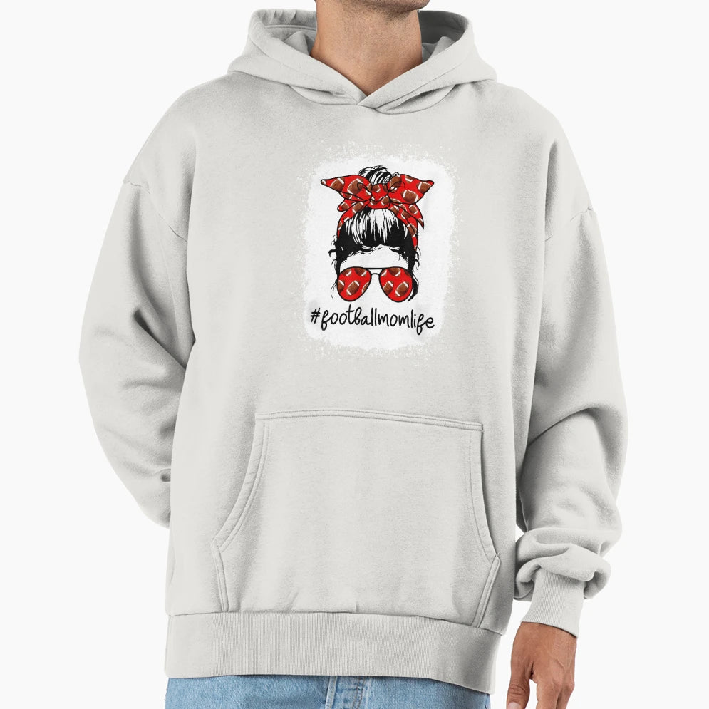 Bleached Football Mom Life Messy Bun Hoodie - Custom Art Print Unisex - T-Shirt, Sweatshirt, Hoodie
