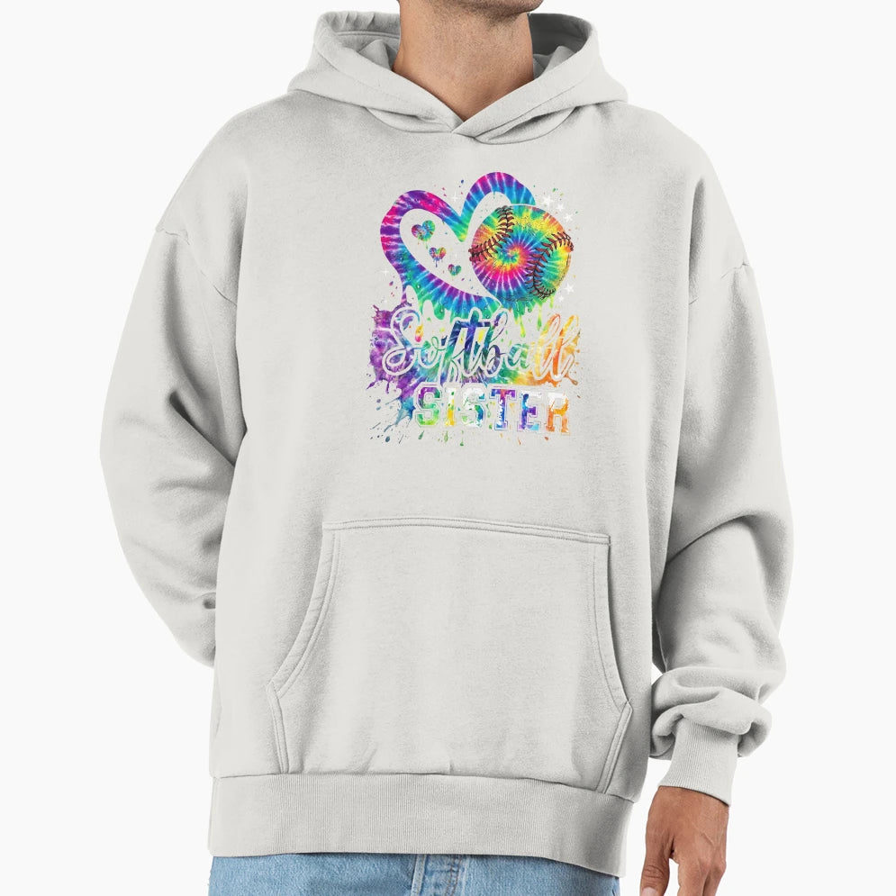 Rainbow Tie Dye Heart Softball Sister Hoodie - Trendy Graphic for Adults - T-Shirt, Sweatshirt, Hoodie
